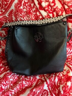 Black Women's Shoulder Bag with Patterned Strap